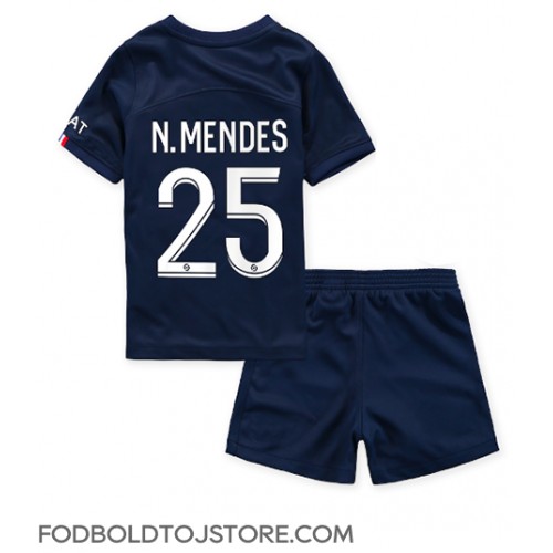 Paris Saint-Germain Nuno Mendes #25 Hjemmebanesæt Børn 2022-23 Kortærmet (+ Korte bukser)